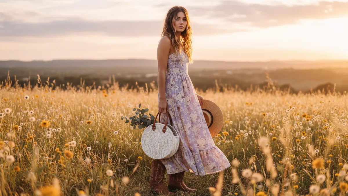 Woman in a lavender floral sundress and cowboy boots in a sunny wildflower field
