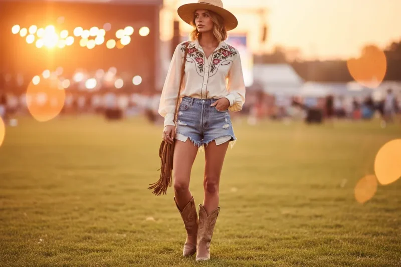 Woman in denim shorts, western blouse, and cowboy boots at an outdoor concert at golden hour — an example of stylish outdoor concert outfits for women