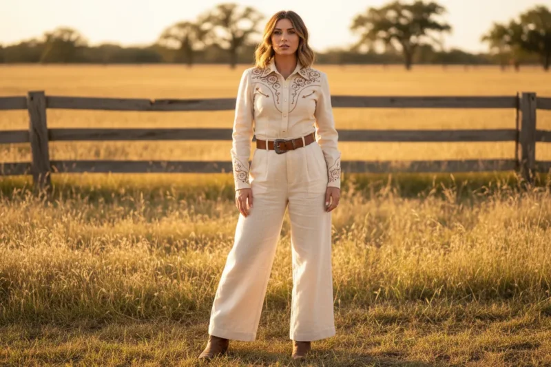 Woman wearing a cream embroidered jumpsuit with a brown belt and boots, standing in a sunlit rural field beside a wooden fence.