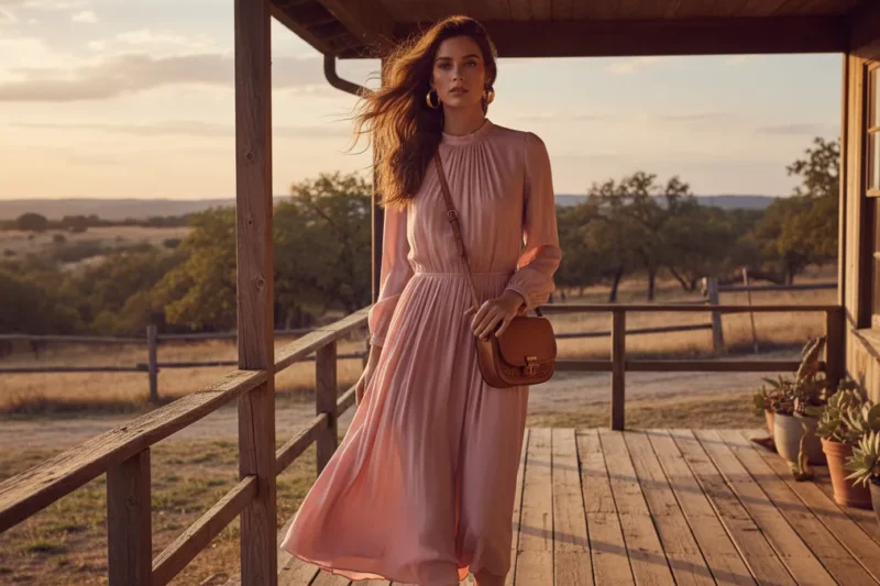 Woman in a flowing blush pink midi dress styled with gold accessories on a sunlit ranch porch