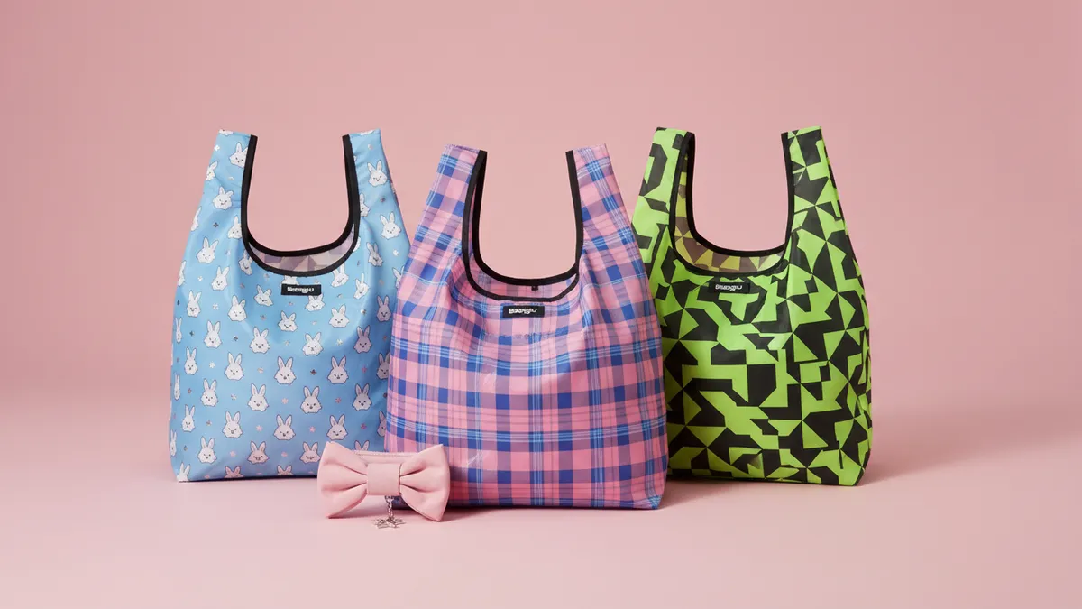Sandy Liang x Baggu 2.0 2026 collection featuring Market Plaid, Terminator Bunny and Folding Stars print reusable nylon bags