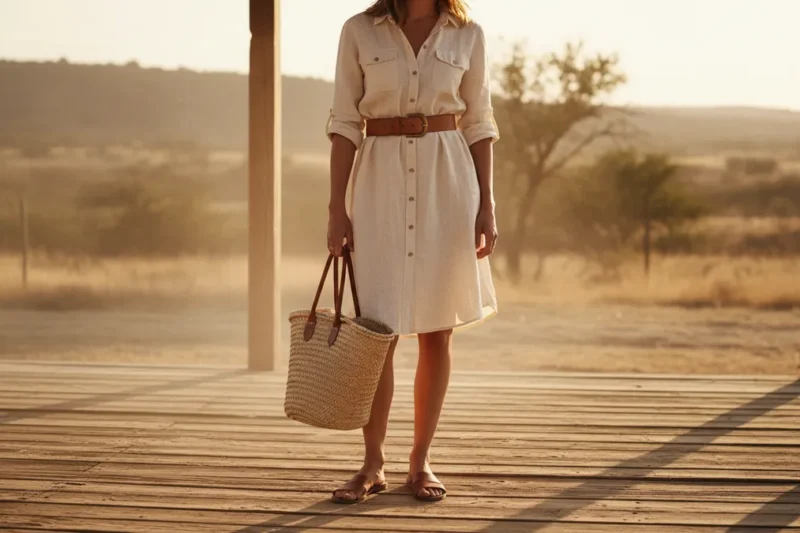 Woman wearing a belted linen shirtdress with rolled sleeves and brown leather sandals on a Texas ranch porch in summer light