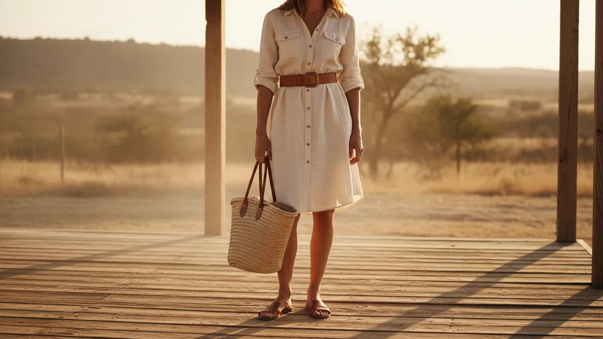 Woman wearing a belted linen shirtdress with rolled sleeves and brown leather sandals on a Texas ranch porch in summer light