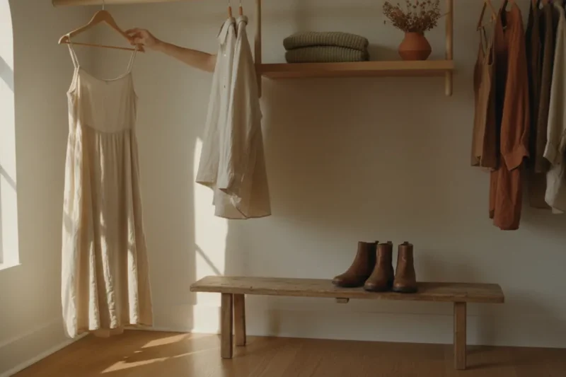 Curated closet featuring slow fashion brands for women with linen, organic cotton, and vintage pieces in earth tones
