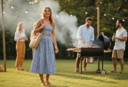 Smiling woman in a blue gingham sundress walks toward the camera at a backyard barbecue, friends grilling in the background under string lights.