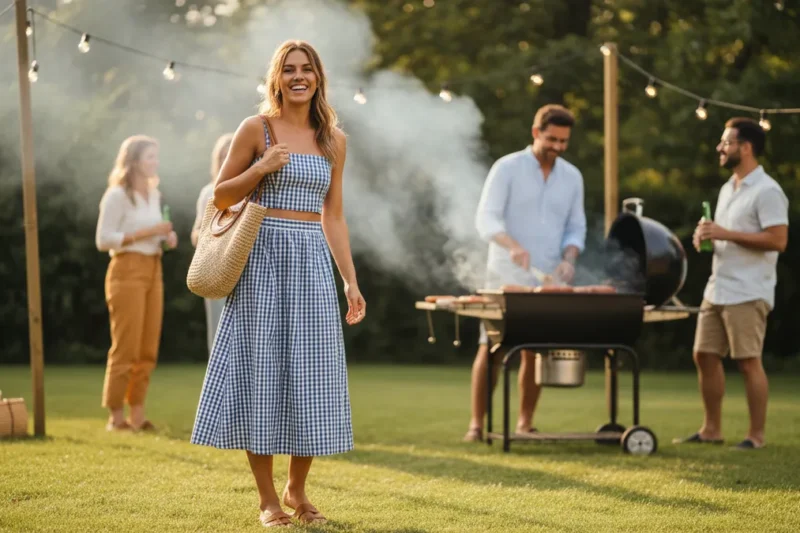 Smiling woman in a blue gingham sundress walks toward the camera at a backyard barbecue, friends grilling in the background under string lights.