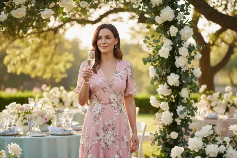 Woman in a pink floral dress raises a champagne flute at an outdoor wedding under a white floral arch.