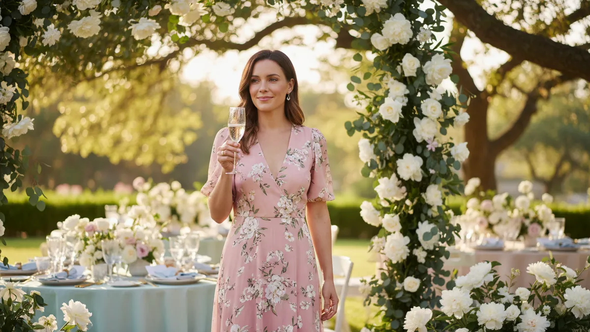Woman in blush floral midi dress at an outdoor garden bridal shower with peonies and pastel decor