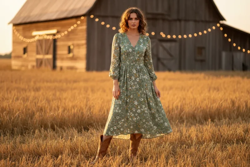 Woman in sage green floral midi dress and tan cowboy boots at a country barn wedding venue