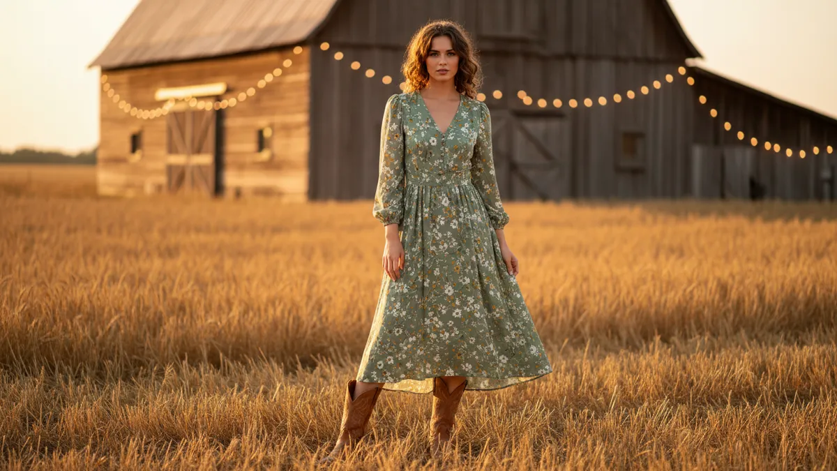 Woman in sage green floral midi dress and tan cowboy boots at a country barn wedding venue