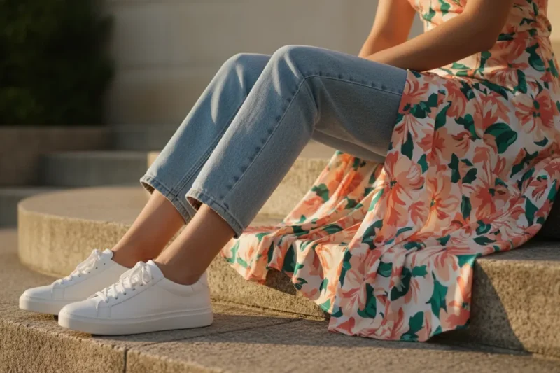 Woman wearing white leather sneakers with rolled jeans, showing a chic casual white sneaker outfit for women