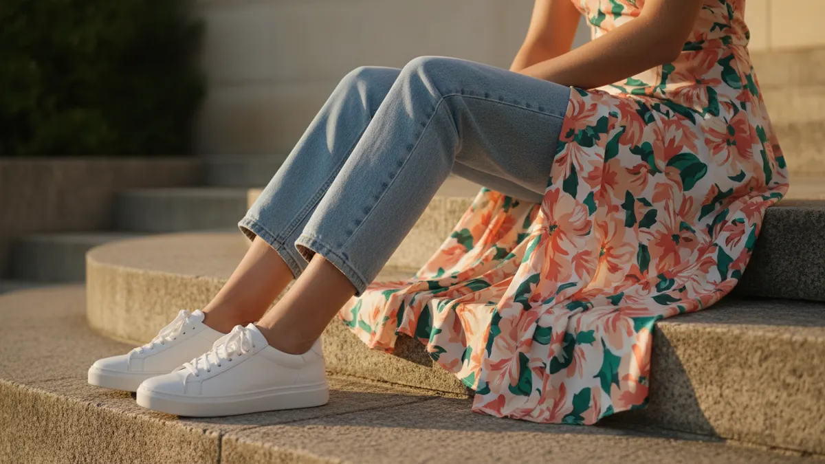 Woman wearing white leather sneakers with rolled jeans, showing a chic casual white sneaker outfit for women