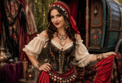 Woman in an ornate black corset dress with red skirt, standing with hand on hip beside a vintage wagon in a market scene.