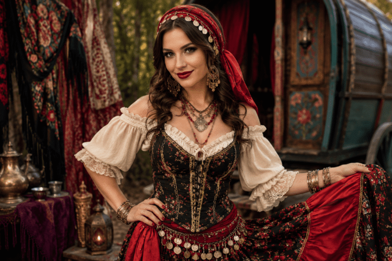 Woman in an ornate black corset dress with red skirt, standing with hand on hip beside a vintage wagon in a market scene.